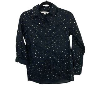 Foxcroft Black Gold Dotted Shirt Women size 2 Roll tab sleeve Collared button up